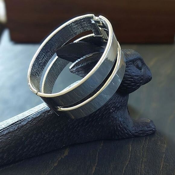 Silver tone wide cutout hinged cuff - Picture 3 of 11